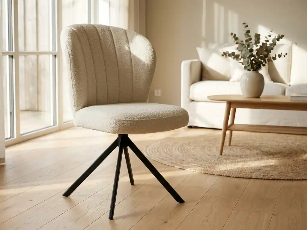 Crème bouclé draaistoel met hoge gebogen rugleuning en zwart metalen spiderpoot op lichte eiken vloer in Scandinavische woonkamer.