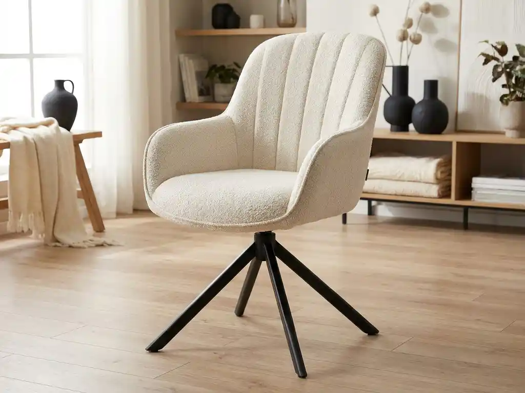 Draaibare eetkamerstoel met crème bouclé bekleding, hoge gebogen rugleuning en zwart metalen spideronderstel in Scandinavische woonkamer.