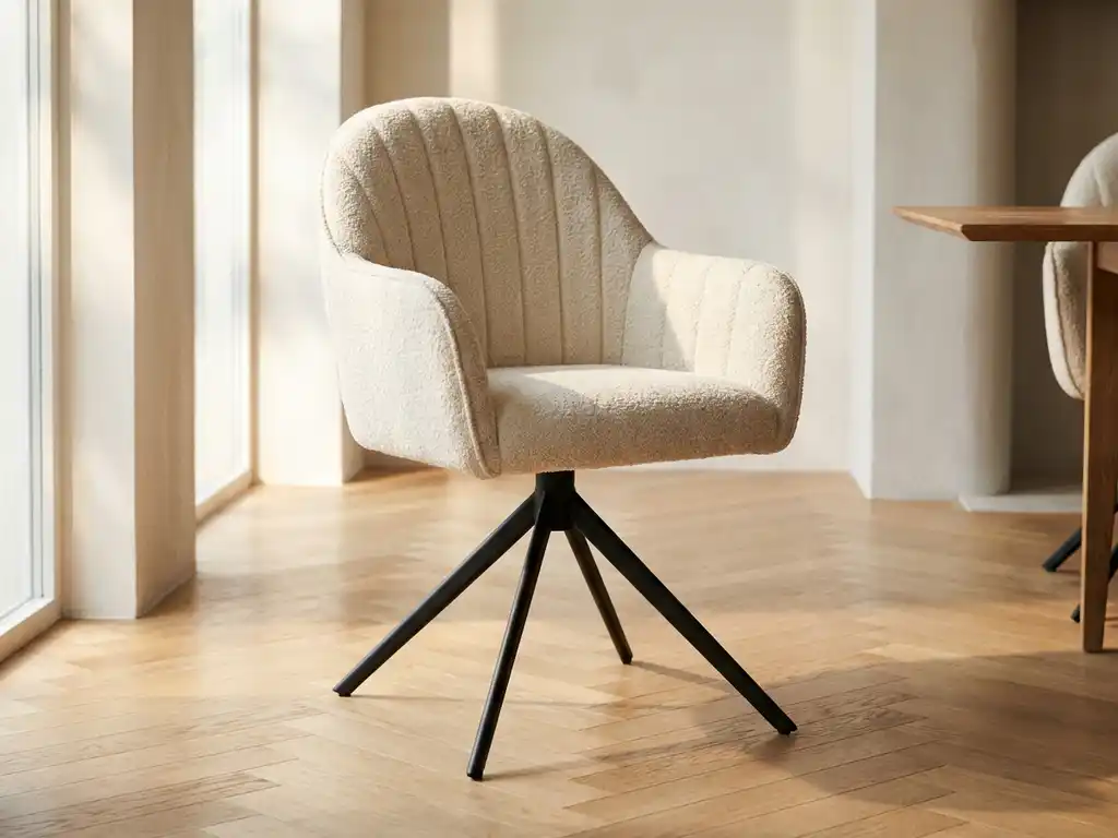Draaibare eetkamerstoel met roomkleurig bouclé bekleding, hoge rugleuning met stiksels en zwart metalen spideronderstel op licht eiken visgraatparket.