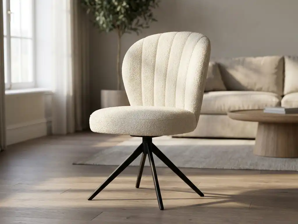 Crème bouclé draaistoel met hoge rugleuning en verticale stiksels op zwart metalen spiderpoot, gefotografeerd in neutrale woonkamer met natuurlijk licht.