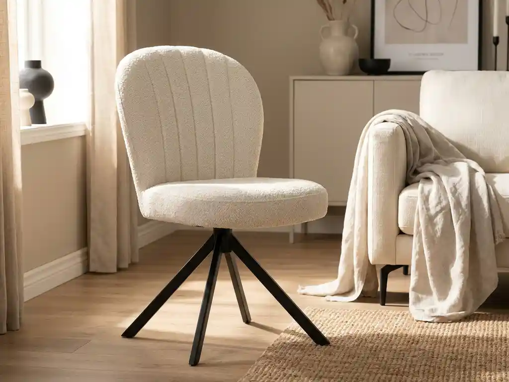 Crème bouclé draaistoel met hoge rugleuning, verticale stiksels en zwart metalen spinnenvoet in Scandinavische woonkamer.
