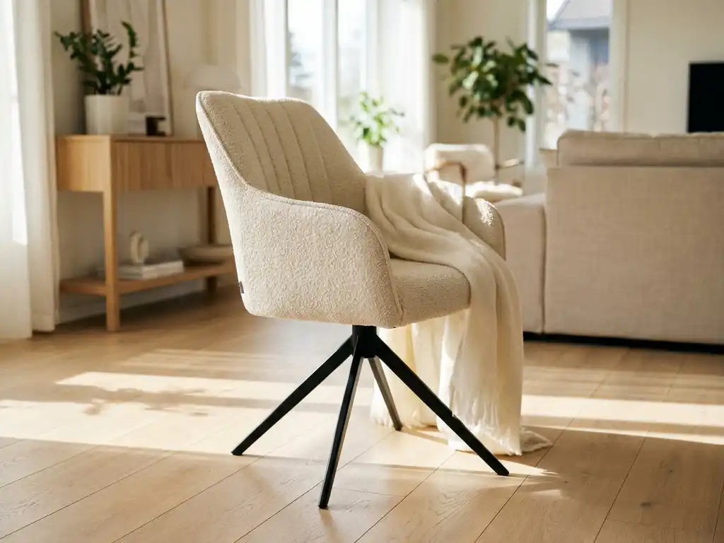 Draaibare eetkamerstoel met crème bouclé bekleding, gebogen hoge rugleuning en zwart metalen spideronderstel in Scandinavische woonkamer.
