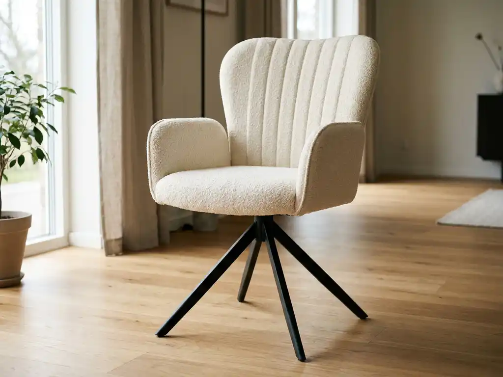 Crème bouclé eetkamerstoel met hoge gebogen rugleuning, ronde armleuningen en zwart metalen spiderpoot op licht eiken vloer.