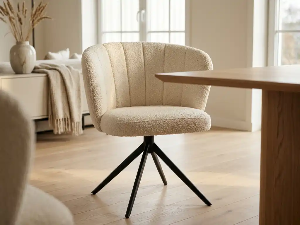 Crème bouclé draaistoel met hoge rugleuning en verticale stiksels op zwart metalen spiderpoot, bij een eiken eettafel in Scandinavisch interieur.