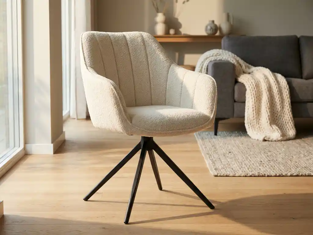Crème bouclé draaistoel met hoge rugleuning en verticale stiksels op zwart metalen spideronderstel in Scandinavische woonkamer.
