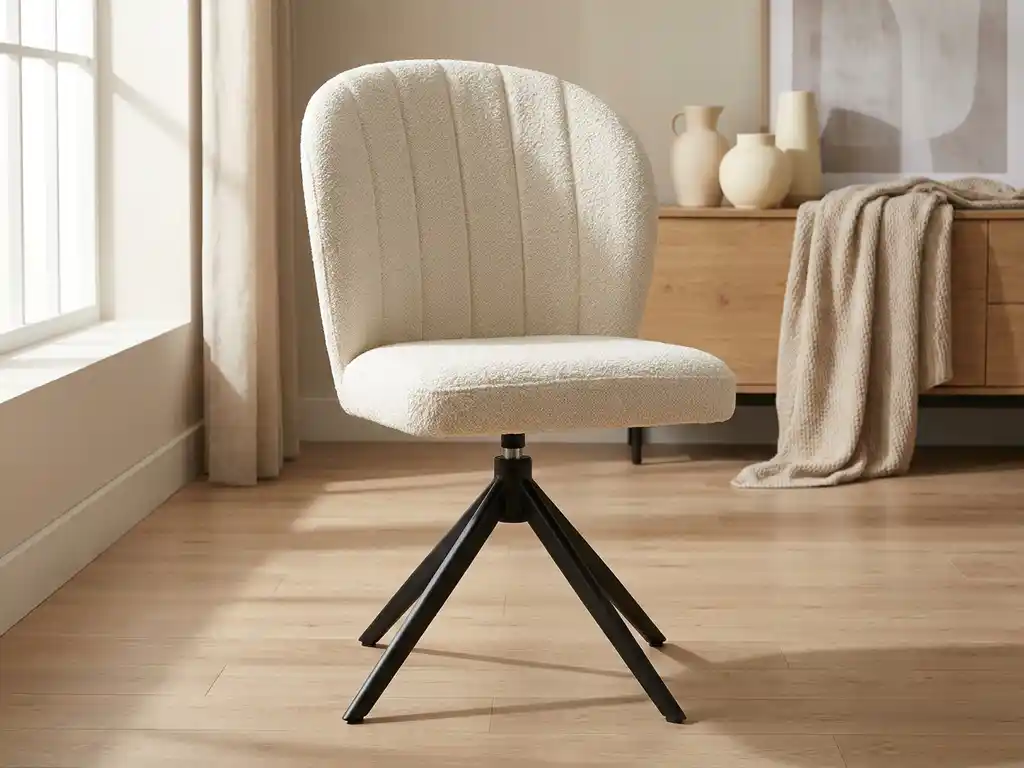 Draaibare eetkamerstoel met crème bouclé bekleding, hoge rugleuning met stiksels en zwart metalen spideronderstel op lichte eiken vloer.
